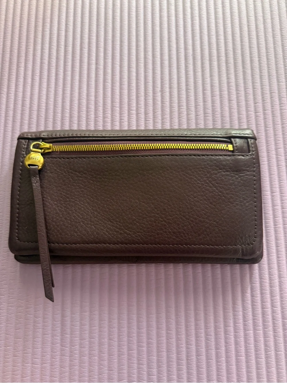 HOBO Dark Brown Leather Wallet with Gold Zip Accent